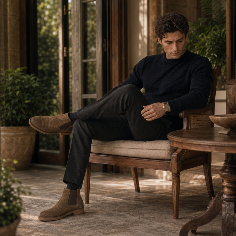 Modelo masculino sentado usando botas Chelsea marrons