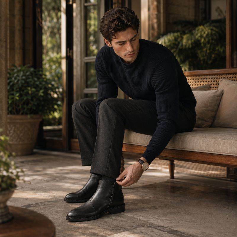 Modelo masculino sentado usando botas pretas com roupa casual