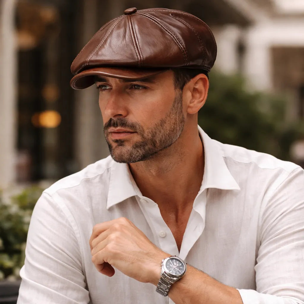 boina octogonal masculina em couro bovino marrom