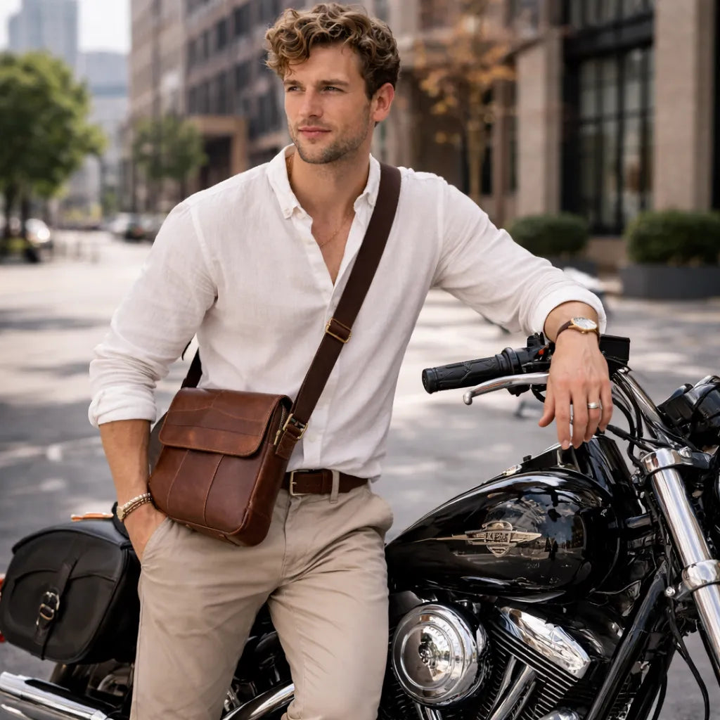 bolsa transversal masculina de couro legítimo em marrom café