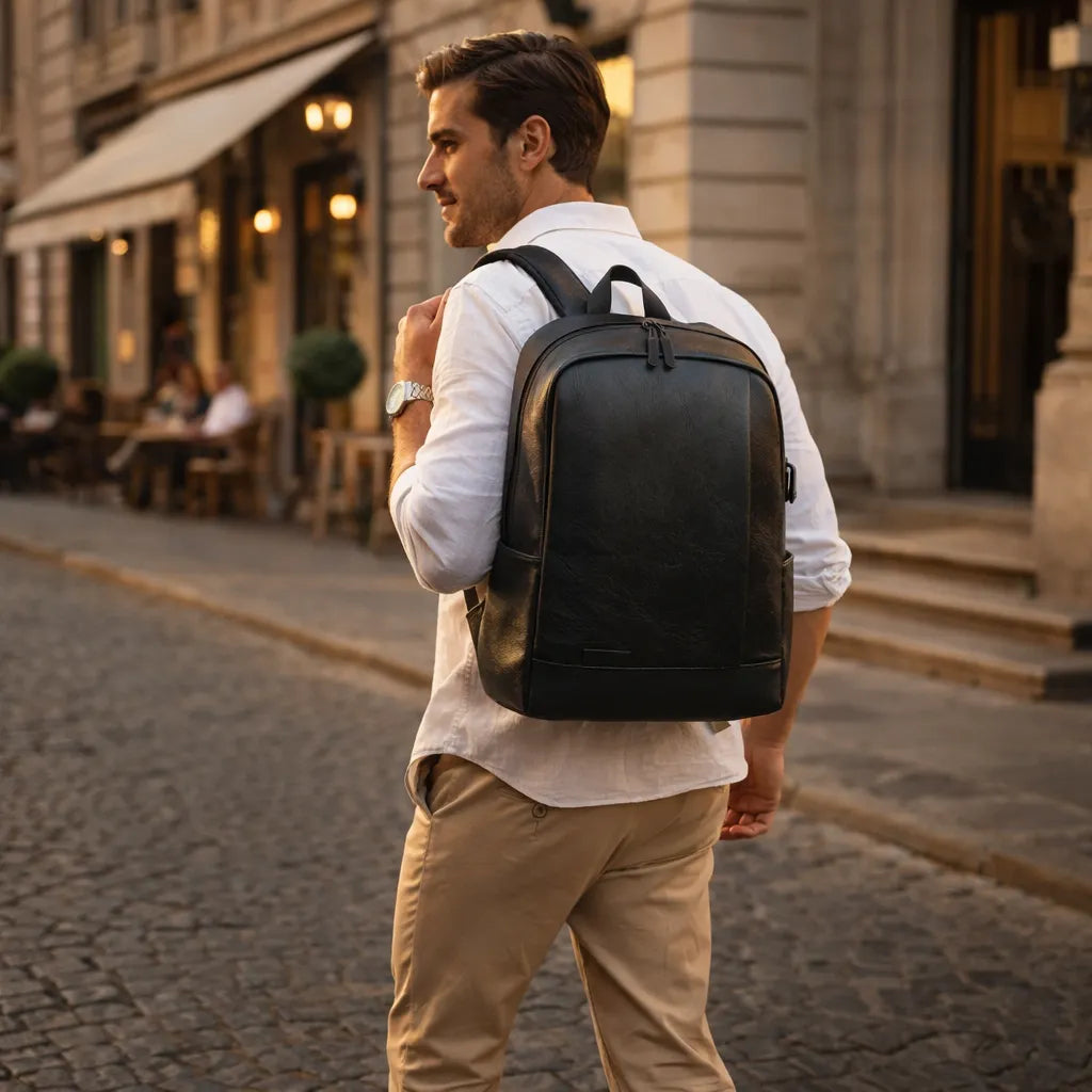 Foto de um homem usando a mochila executiva para notebooks em ambiente urbano