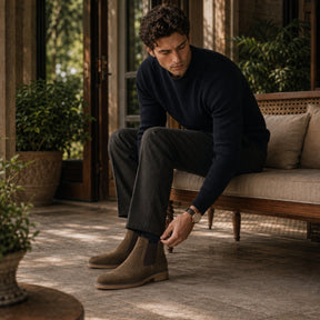 Modelo masculino ajustando a bota Chelsea marrom no pé