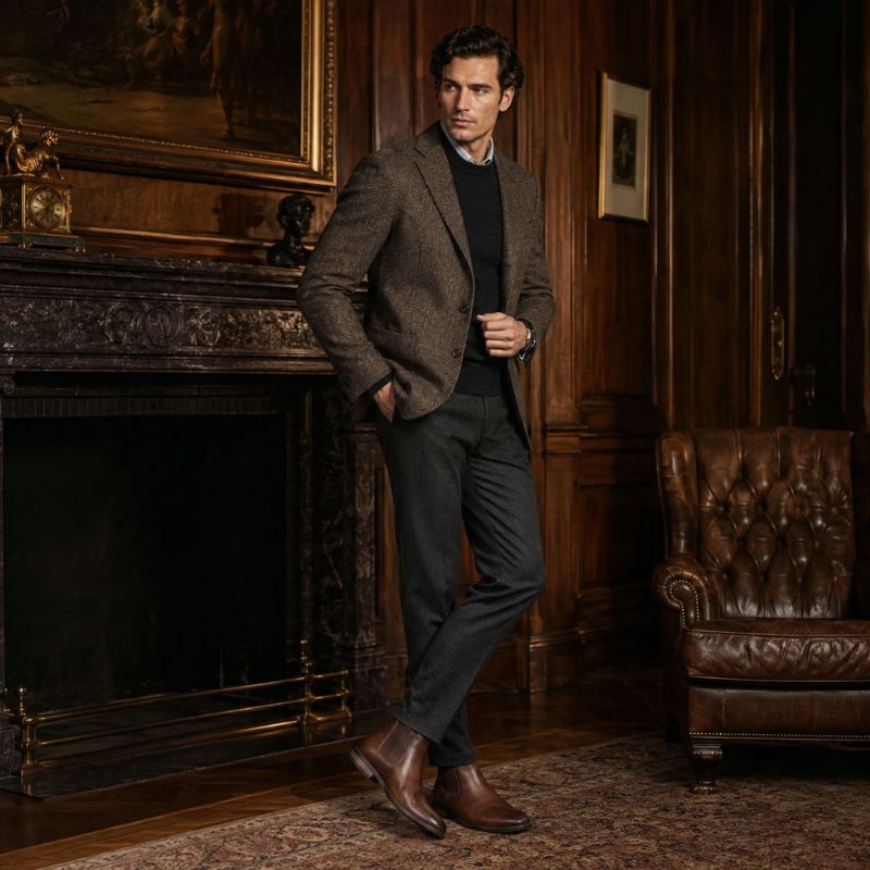 Modelo masculino em traje social usando bota Chelsea marrom