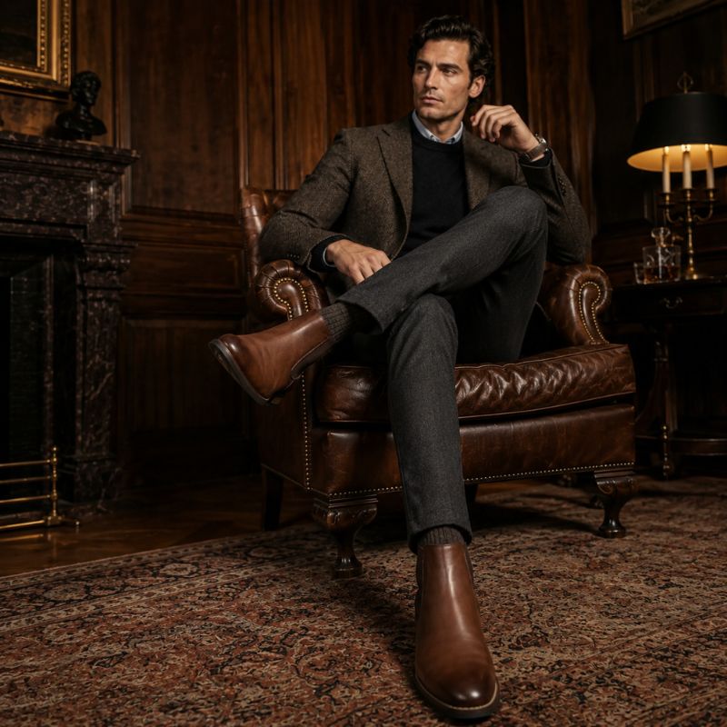 Modelo masculino sentado usando bota Chelsea marrom com roupa social