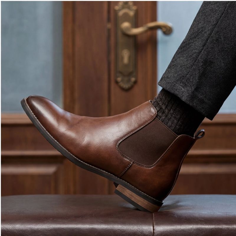 Modelo masculino usando bota Chelsea marrom com calça social preta