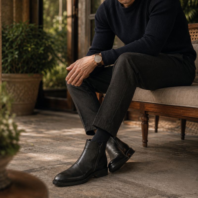 Modelo masculino ajustando a bota preta de cano curto