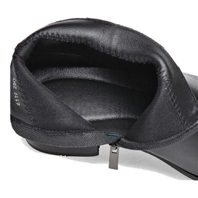 Detalhe interno e fechamento com zíper da bota masculina preta