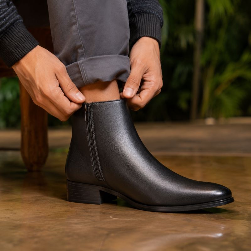 Detalhe da bota masculina preta sendo ajustada no pé