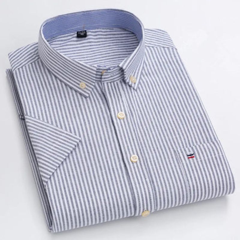 Camisa Masculina Listrada Manga Curta Valenteo Valiano Cinza Claro Listrado