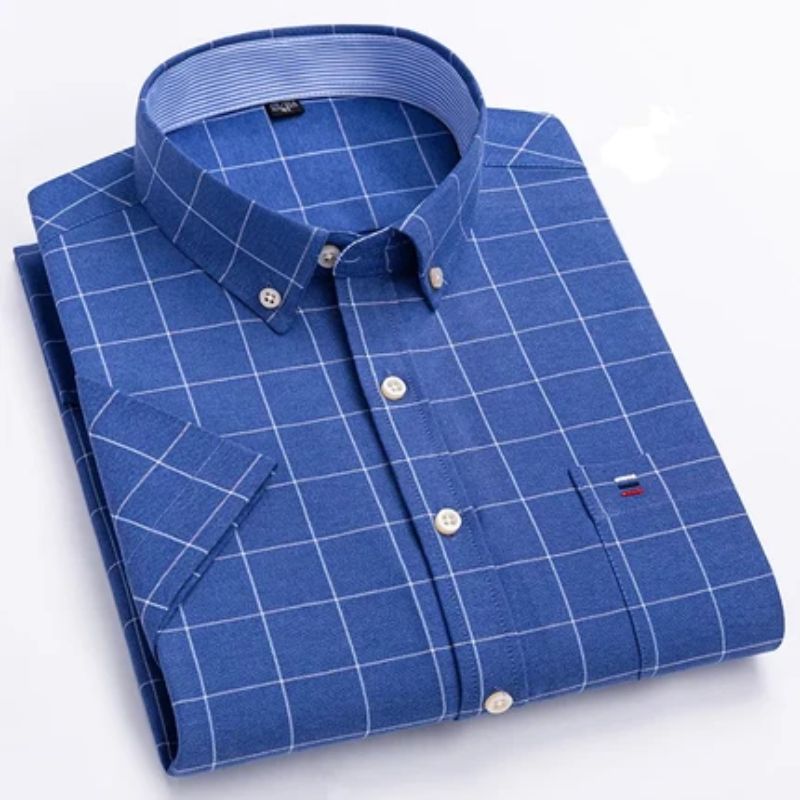 Camisa Masculina Quadriculada Manga Curta Azul Escuro