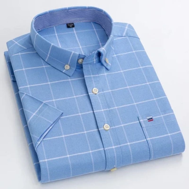 Camisa Masculina Quadriculada Manga Curta Azul Claro