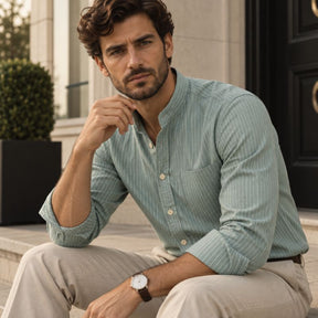 Camisa Masculina Social Listrada em Algodão Valenteo Albrizzi Modelo