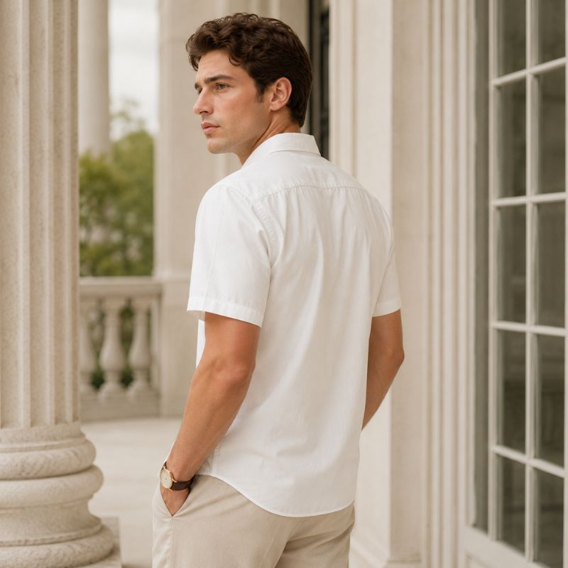 Vista traseira de modelo masculino usando camisa branca de manga curta