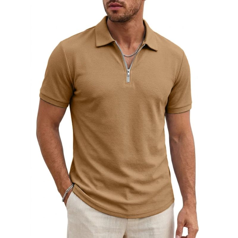Camiseta Gola Polo Zíper Poliester Valenteo Serenzo Cáqui