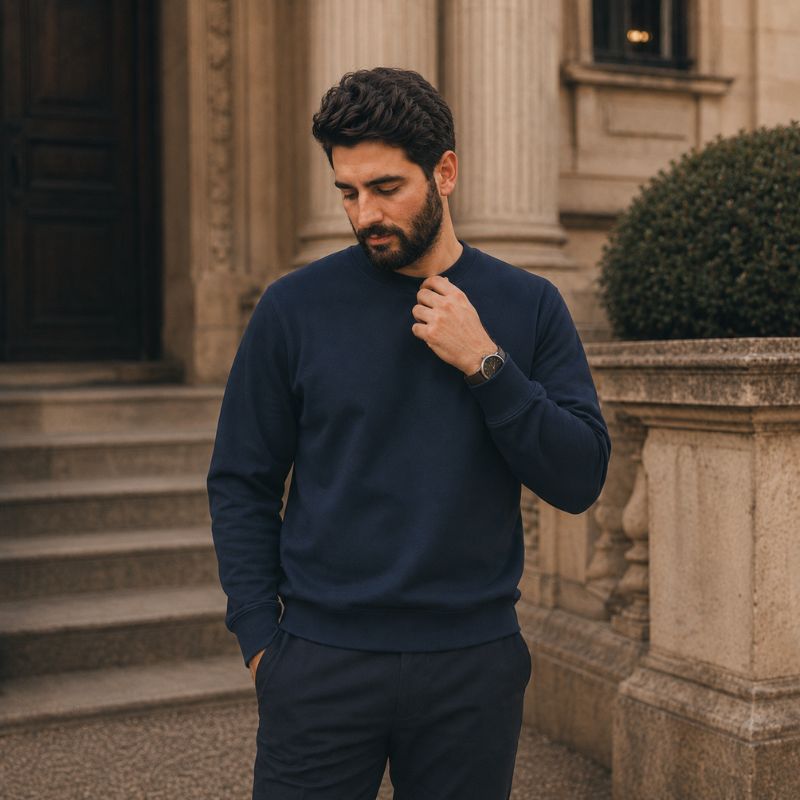 Moletom masculino azul-marinho em composição casual urbana.