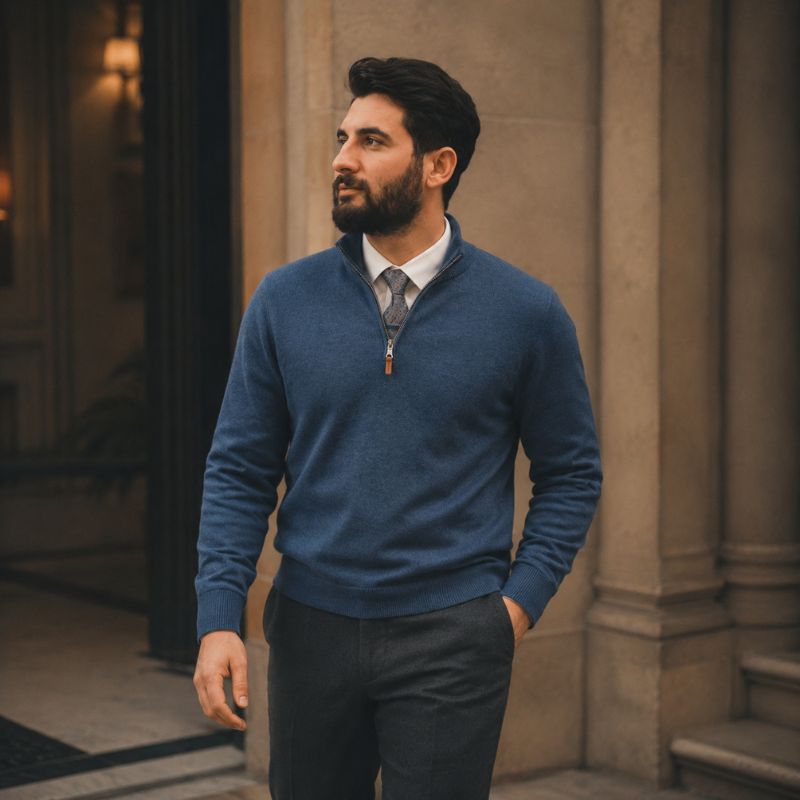 Moletom masculino Valenteo Varnier com gola alta e meio zíper, usado em looks casuais elegantes nas cores azul e cinza.