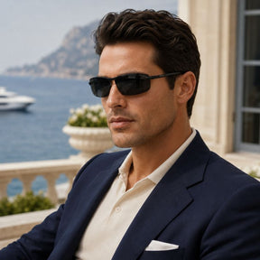 Homem usando óculos de sol pretos Maserati, vestido com blazer azul-marinho em ambiente externo sofisticado.