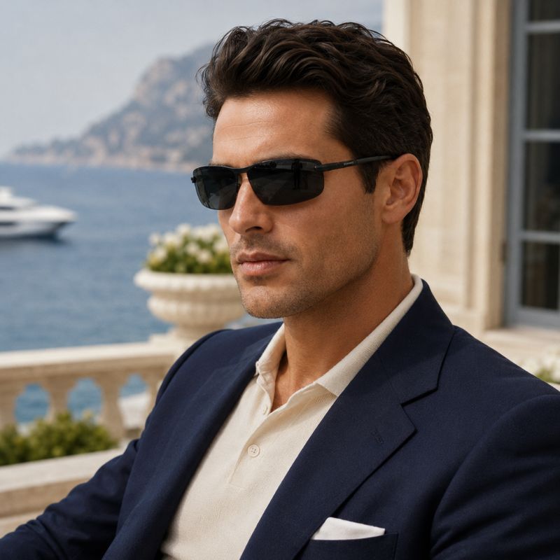 Homem usando óculos de sol pretos Maserati, vestido com blazer azul-marinho em ambiente externo sofisticado.