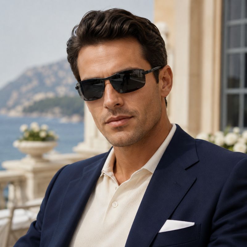 Homem usando óculos de sol pretos Maserati, com blazer azul-marinho e camisa branca em ambiente externo elegante.