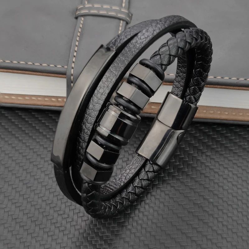 Pulseira Masculina de Couro Valenteo Corsini Preto em Couro
