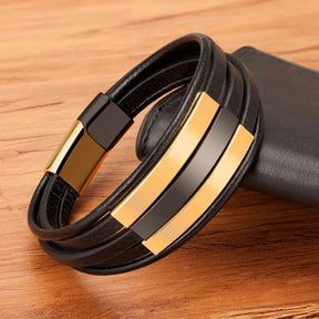 Pulseira Masculina de Couro Valenteo Ellington Dourado e Preto