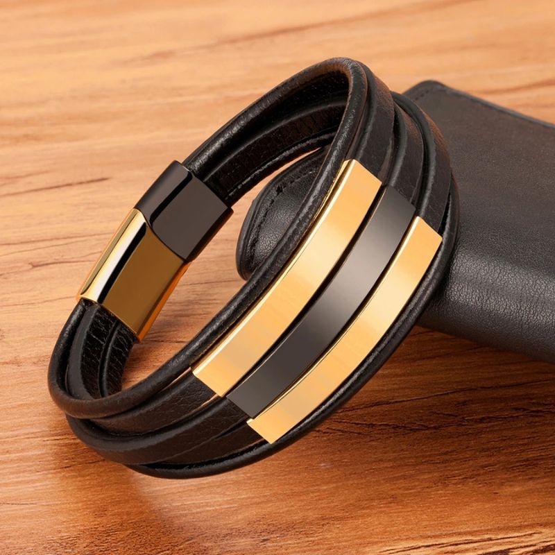 Pulseira Masculina de Couro Valenteo Ellington Dourado e Preto