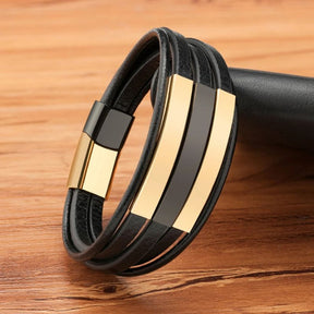 Pulseira Masculina de Couro Valenteo Ellington Dourado e Preto em Couro