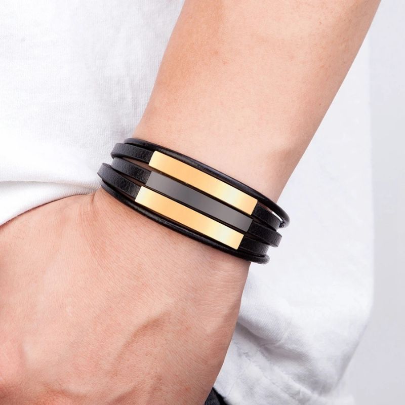 Pulseira Masculina de Couro Valenteo Dourado e Preto 