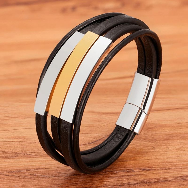 Pulseira Masculina de Couro Valenteo Ellington Dourada e Prata