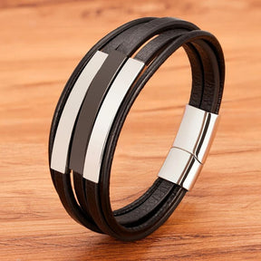 Pulseira Masculina de Couro Valenteo Ellington Prata e Preto