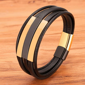 Pulseira Masculina de Couro Valenteo Ellington Dourado e Preto