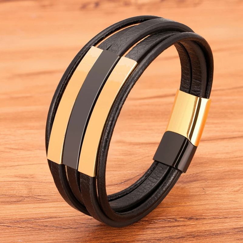 Pulseira Masculina de Couro Valenteo Ellington Dourado e Preto