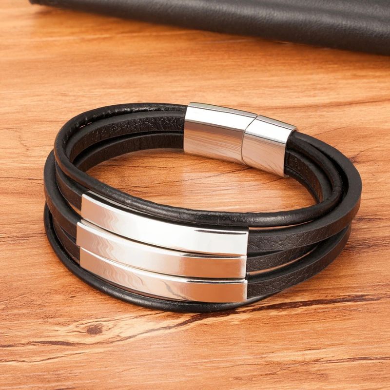 Pulseira Masculina de Couro Valenteo Ellington Prata e Couro