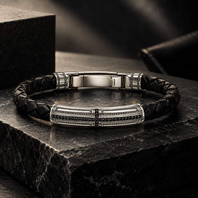Pulseira Masculina de Couro Valenteo Fairfax Ródio Branco