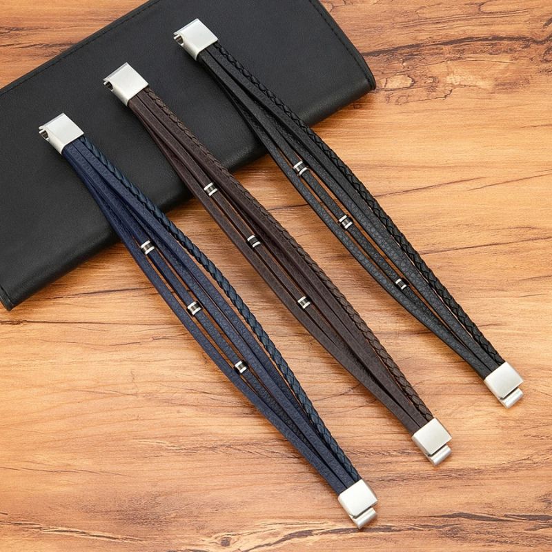 Pulseira Masculina de Couro Valenteo Lucero Azul Marrom Preto