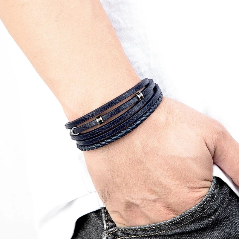 Pulseira Masculina de Couro Valenteo Lucero Azul Marinho