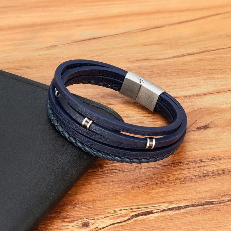 Pulseira Masculina de Couro Valenteo Lucero Azul com Fecho