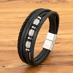 Pulseira Masculina de Couro Valenteo Pembroke Prata e Preto em Couro