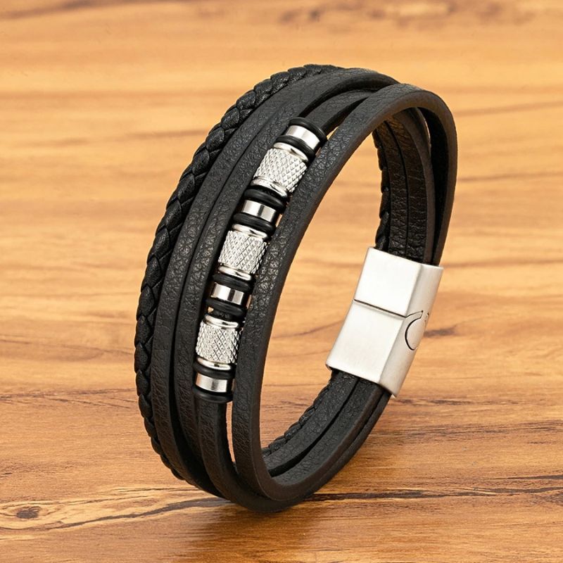 Pulseira Masculina de Couro Valenteo Pembroke Prata e Preto em Couro