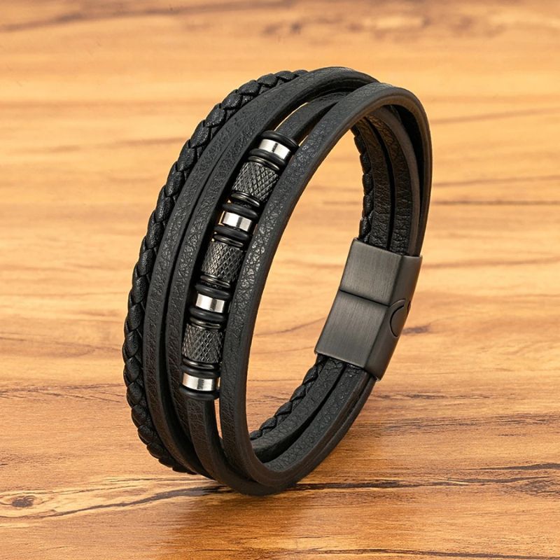 Pulseira Masculina de Couro Valenteo Pembroke Preto e Prata em Couro