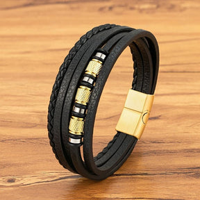 Pulseira Masculina de Couro Valenteo Pembroke Dourado e Preto em Couro