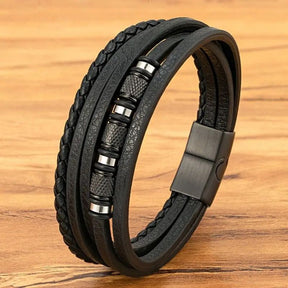 Pulseira Masculina de Couro Valenteo Pembroke Preto e Prata