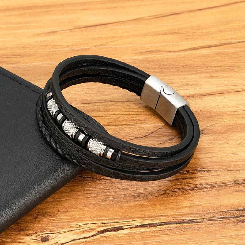 Pulseira Masculina de Couro Valenteo Pembroke Preto
