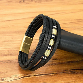 Pulseira Masculina de Couro Valenteo Pembroke Dourado e Preto