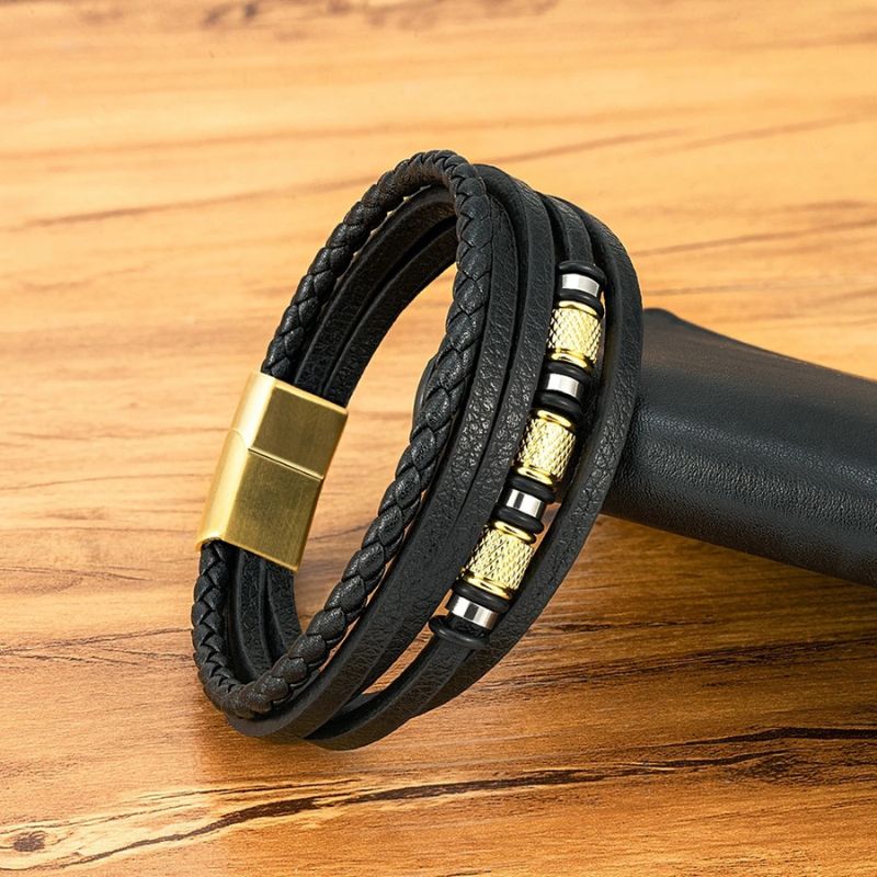 Pulseira Masculina de Couro Valenteo Pembroke Dourado e Preto