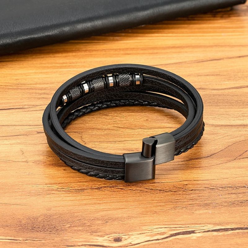 Pulseira Masculina de Couro Valenteo Preto e Prata