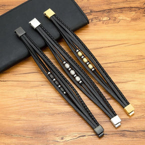 Pulseira Masculina de Couro Valenteo Pembroke Preto Prata Dourado