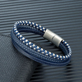 Pulseira de Couro Masculina Valenteo Azul com Esferas