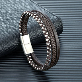 Pulseira de Couro Masculina Valenteo Marrom com Esferas