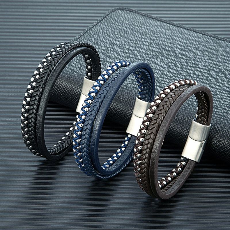 Pulseira de Couro Masculina Valenteo Bravio Preto Azul Marrom